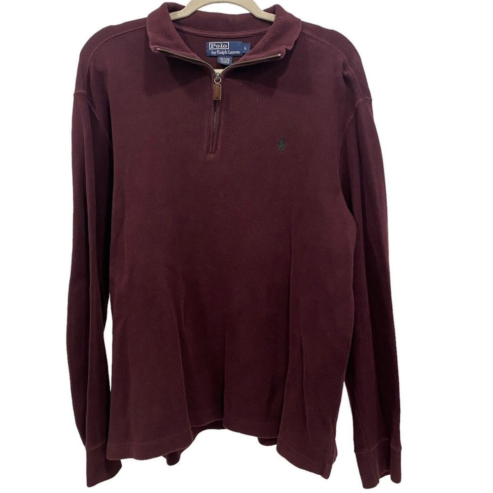 POLO RALPH LAUREN Men's Sweater MAROON RED 1/4 Zip Cotton Pullover Green Logo L